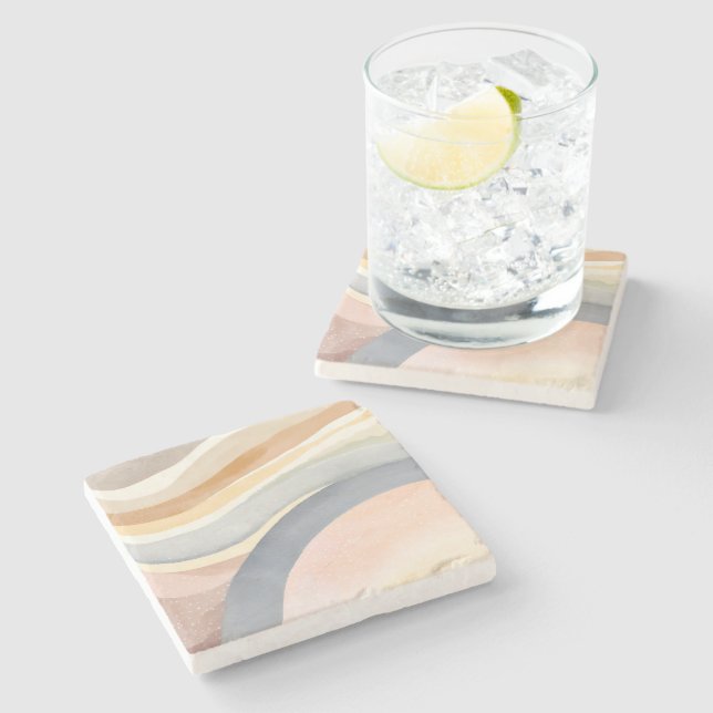 Contemporary Waves | Neutral Modern Watercolor Stone Coaster (Side)