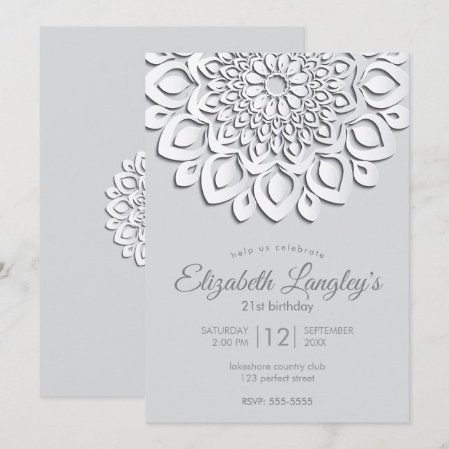 Contemporary White Paper Cut Mandala Birthday Invitation (Front/Back)