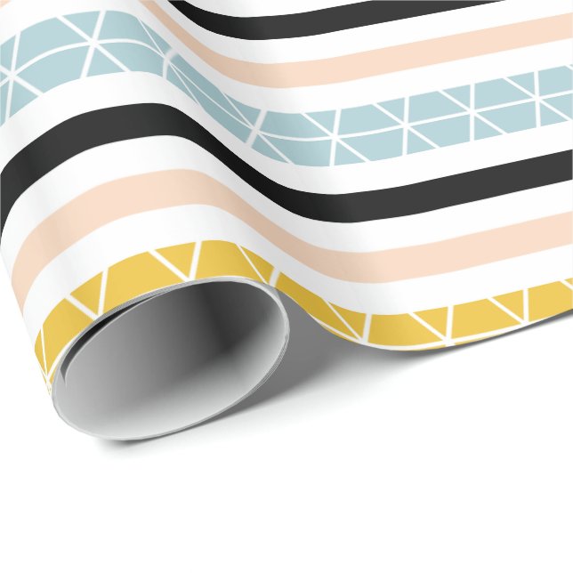 Contemporary Yellow Black White Blue Stripes Wrapping Paper (Roll Corner)