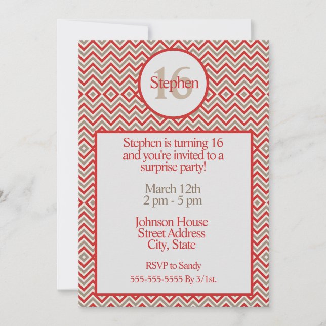 Contemporary Zig Zag Red White and Tan Birthday Invitation (Front)