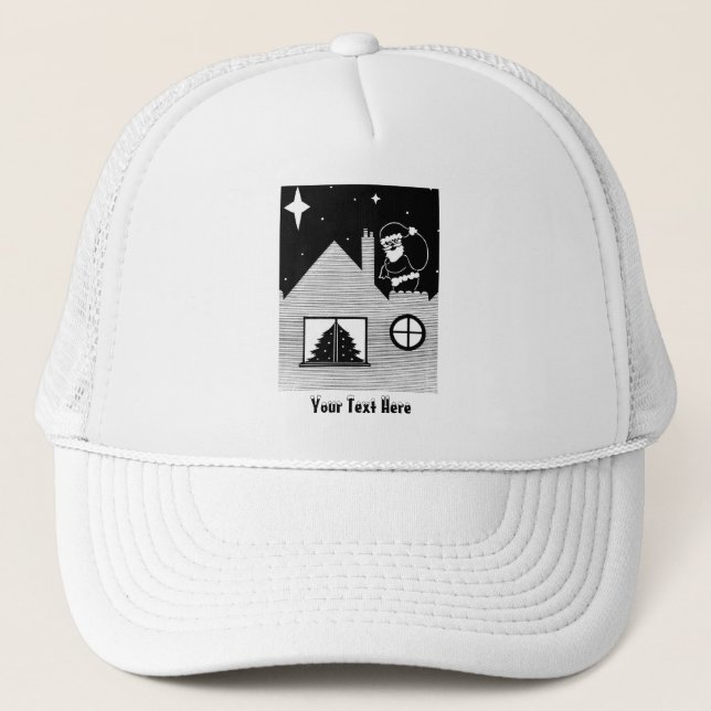 contempory santa on roof black and white christmas trucker hat (Front)