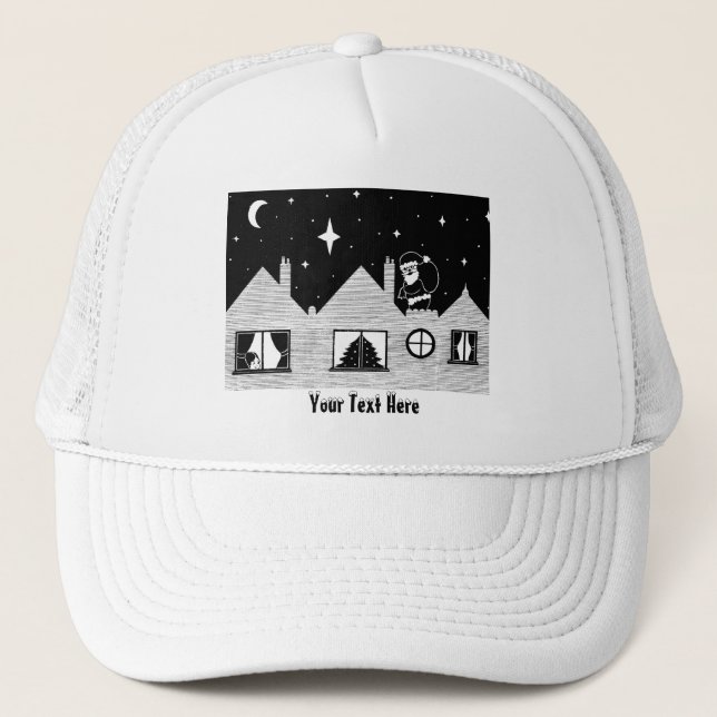 contempory santa on roof black and white christmas trucker hat (Front)