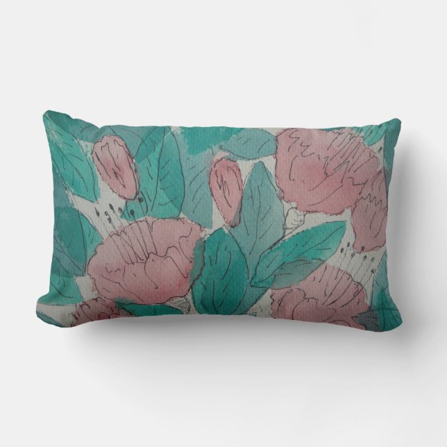 contempory sketchy leaves and pink fuschia flowers lumbar cushion (Front)