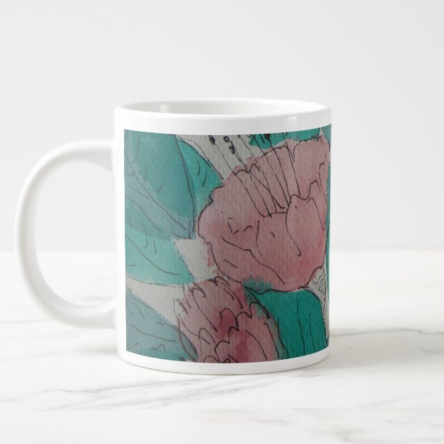 contempory sketchy pink flowers and leaves floral large coffee mug (Left)