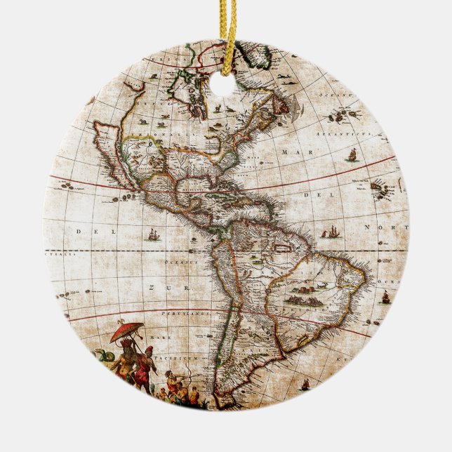 Continent of America Old Map Ceramic Tree Decoration (Front)