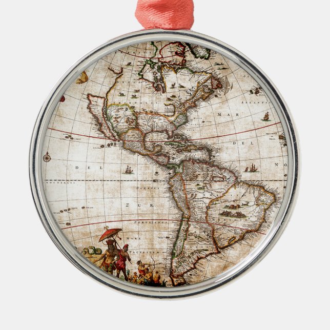 Continent of America Old Map Metal Tree Decoration (Front)
