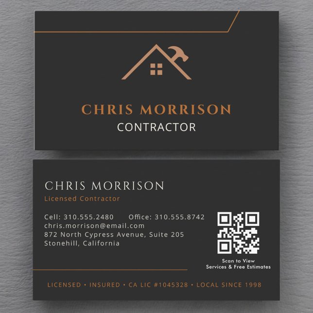 Contractor Construction QR Code Black Copper  Business Card (Creator Uploaded)