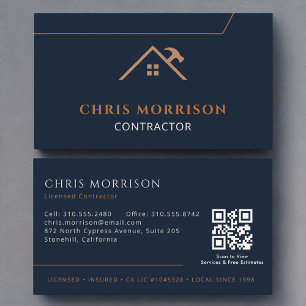 Contractor Construction QR Code Navy Blue Copper Business Card