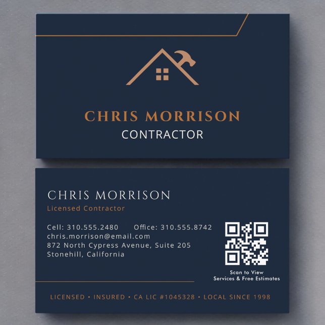 Contractor Construction QR Code Navy Blue Copper Business Card (Creator Uploaded)