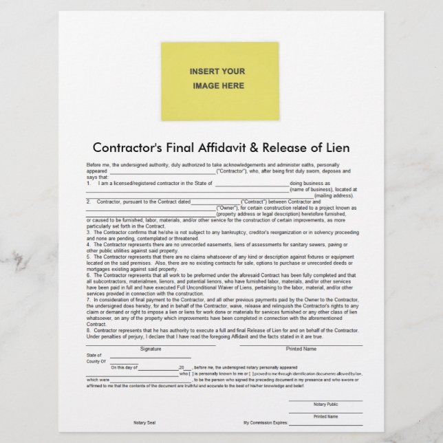 Contractor Final Affidavit & Release of Lien Form (Front)