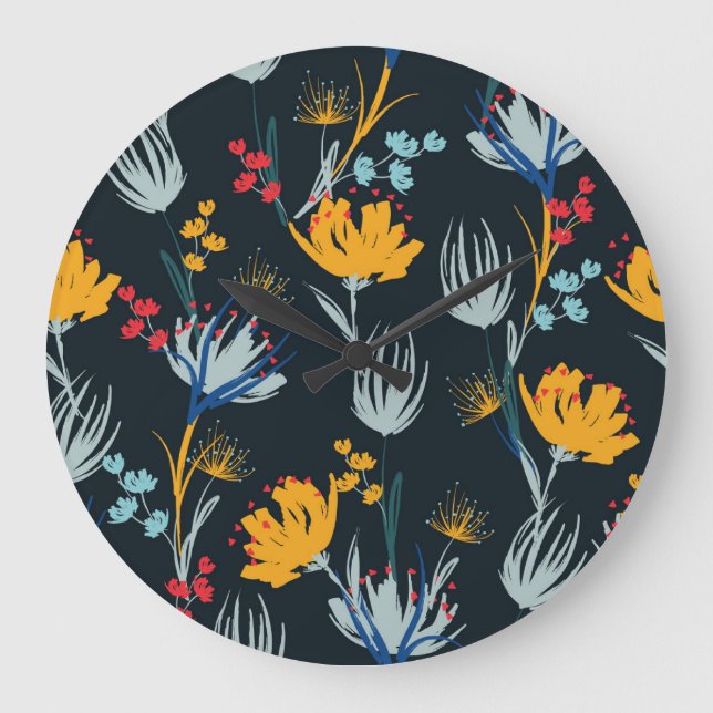Contrast Floral Brush: Black Seamless Large Clock (Front)