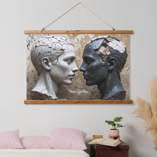 Contrasting Plaster and Obsidian Busts Hanging Tapestry