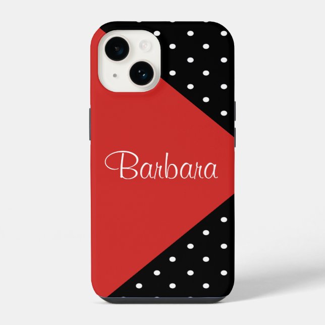 Contrasting Red Black Polka Dot Diagonal Name iPhone Case (Back)