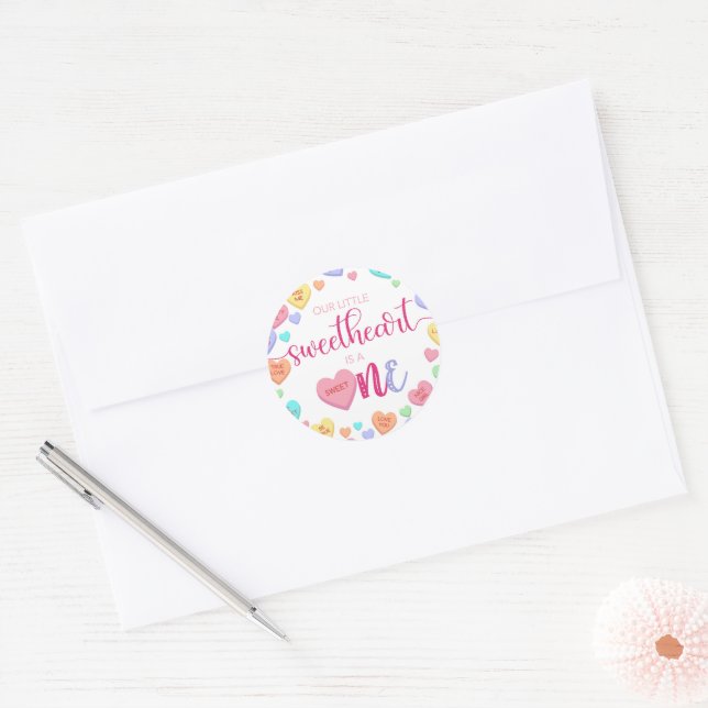 Conversation Hearts 1st Birthday Classic Round Sticker (Envelope)