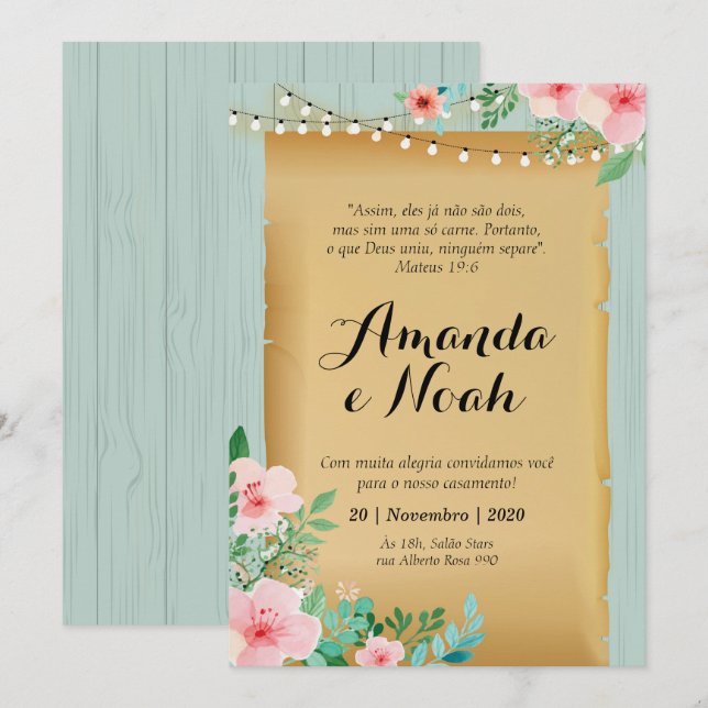 Convite de Casamento, amadeirado turquesa Invitation (Front/Back)