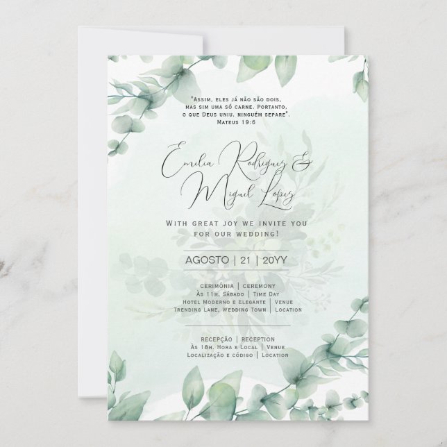 Convite de Casamento  Folhas Verdes Portuguese Invitation (Front)