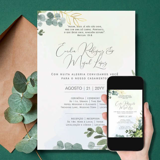 Convite de Casamento  Folhas Verdes Portuguese Invitation (Creator Uploaded)