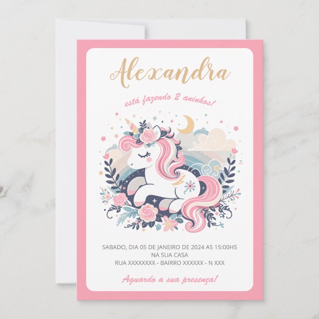 Convite Mágico Unicórnio Rosa em Português Invitation (Front)