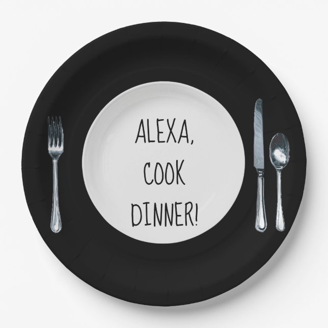 Cook Dinner Alexa command on white plate (Front)