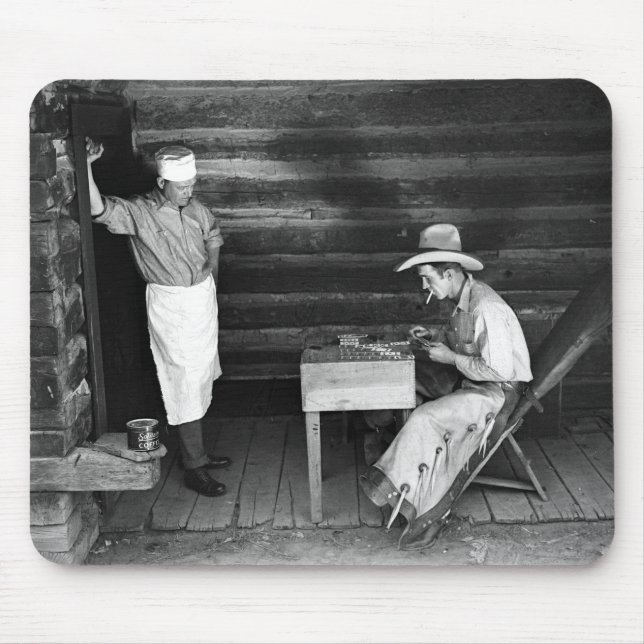 Cook watching a cowboy play cards mouse mat (Front)