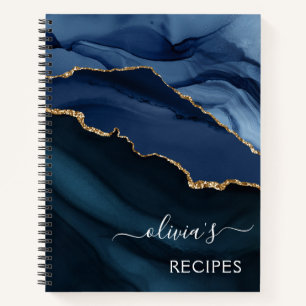 Cookbook Navy Blue Agate Geode Gold Monogram Notebook