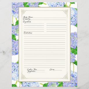 Cookbook Page Blue Hydrangea Lace Floral Formal