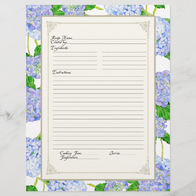 Cookbook Page Blue Hydrangea Lace Floral Formal (Front)