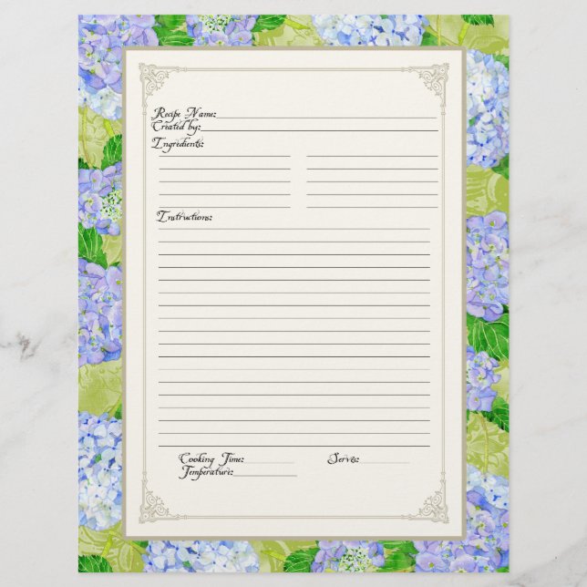 Cookbook Page Blue Hydrangea Lace Floral Formal (Front)