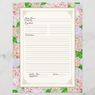 Cookbook Page Pink Hydrangea Lace Floral Formal