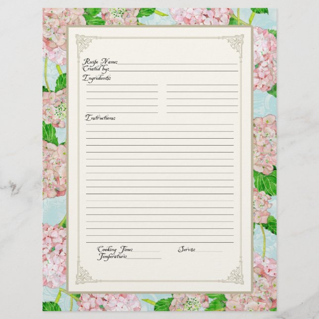 Cookbook Page Pink Hydrangea Lace Floral Formal (Front)