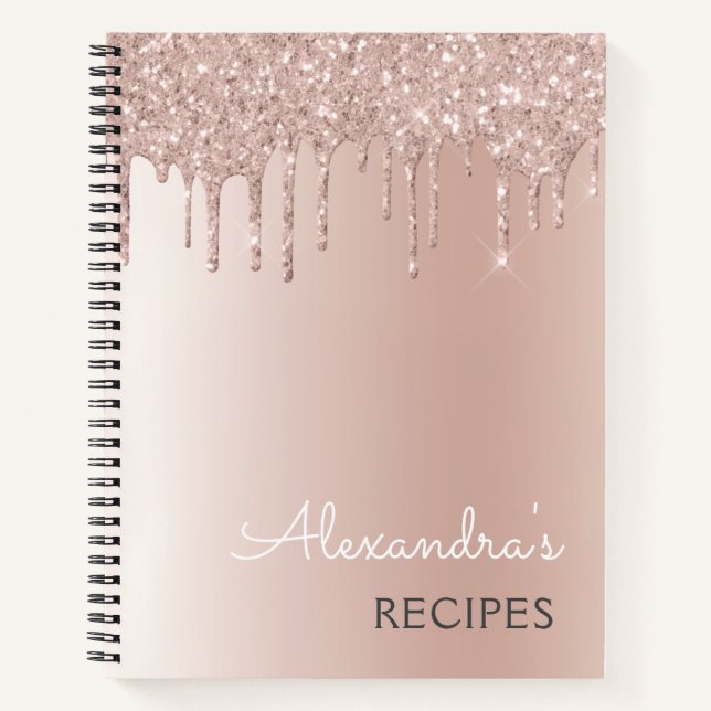 Cookbook Recipe Book Rose Gold Glitter Monogram (Front)