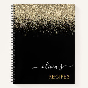 Cookbook Recipe Gold Black Glitter Monogram Notebook