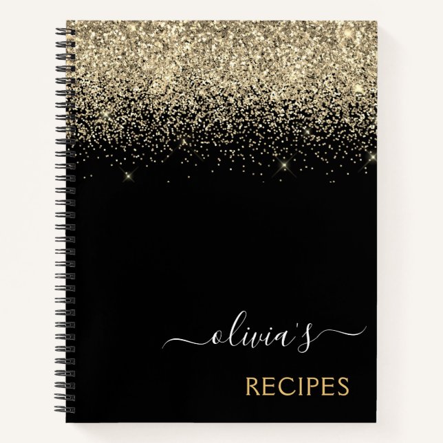 Cookbook Recipe Gold Black Glitter Monogram Notebook (Front)