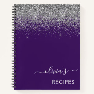 Cookbook Recipe Silver Purple Glitter Monogram Notebook