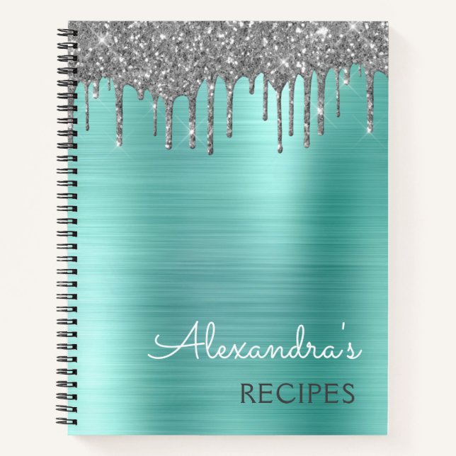 Cookbook Recipe Teal Aqua Blue Silver Glitter Notebook (Front)