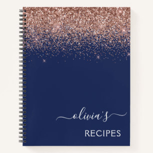 Cookbook Rose Gold Pink Navy Blue Glitter Monogram Notebook