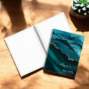 Cookbook Teal Aqua Blue Agate Geode Gold Monogram Notebook