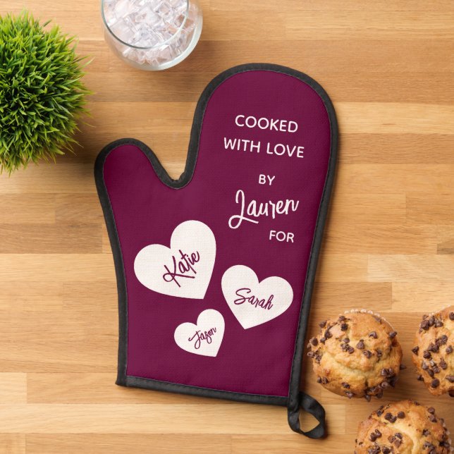 Cooked With Love Burgundy Personalised Oven Mitt (Top down)
