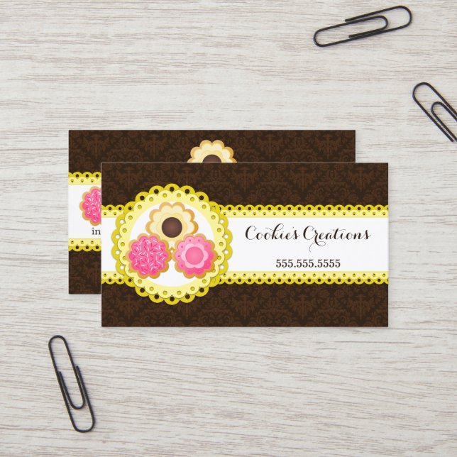 Cookie Bakery Damask Scalloped Border Business Card (Front/Back In Situ)