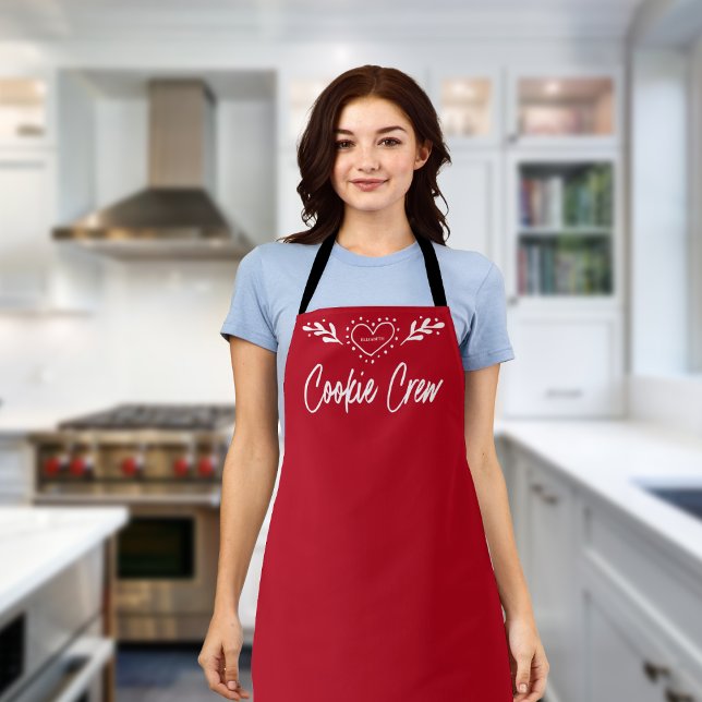 Cookie Crew Heart Holiday Red Christmas Apron (Holiday Cookie Crew apron with heart design & custom monogram – perfect festive baking gift!)