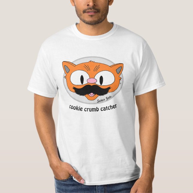 Cookie Crumb Catcher Moustache Humour Cartoon Cat T-Shirt (Front)