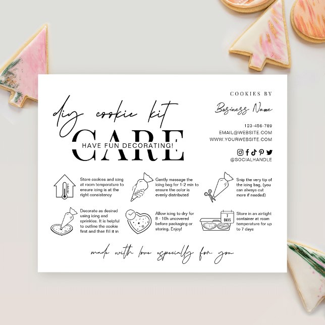 Cookie Decorating Pack Instructions Minimal Bakery Thank You Card (Minimalist DIY cookie kit instructions cards with care icons and space for your business details)