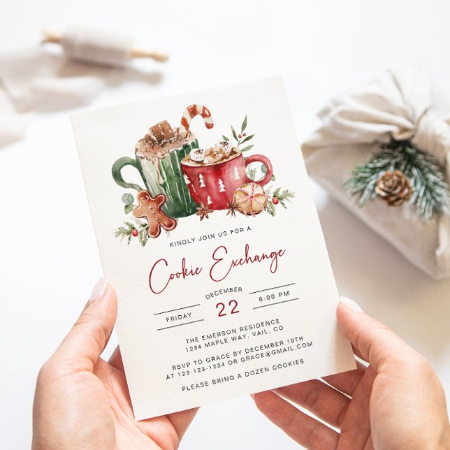 Cookie Exchange Holiday Invitation (Cookie Exchange Christmas Invitation | Watercolor Cookies & Cocoa Holiday Party by Painted Paperie
)