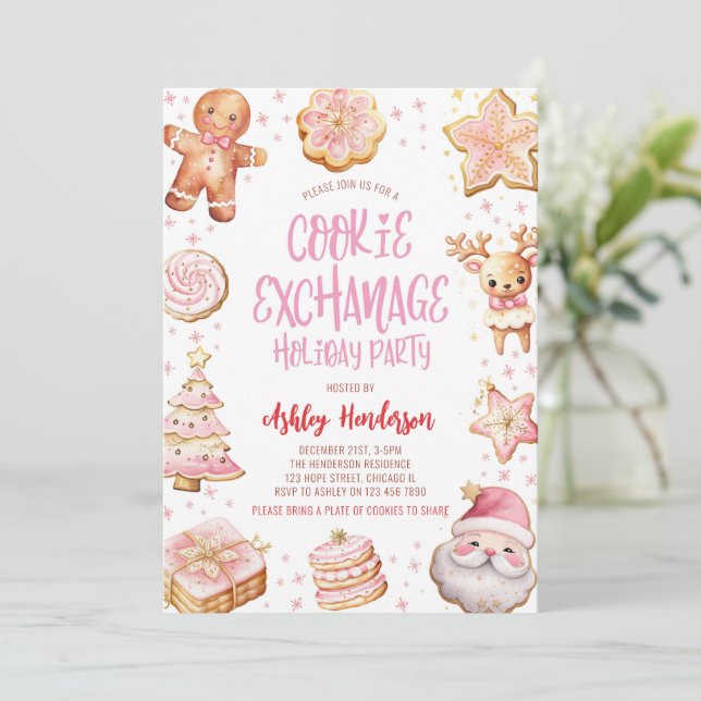 Cookie Exchange Pink Christmas Holiday Party  Invitation (Standing Front)