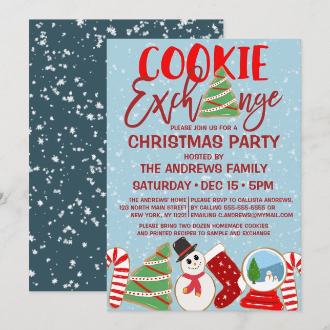 Cookie Exchange Red Blue Illustrations Christmas Invitation (Front/Back)