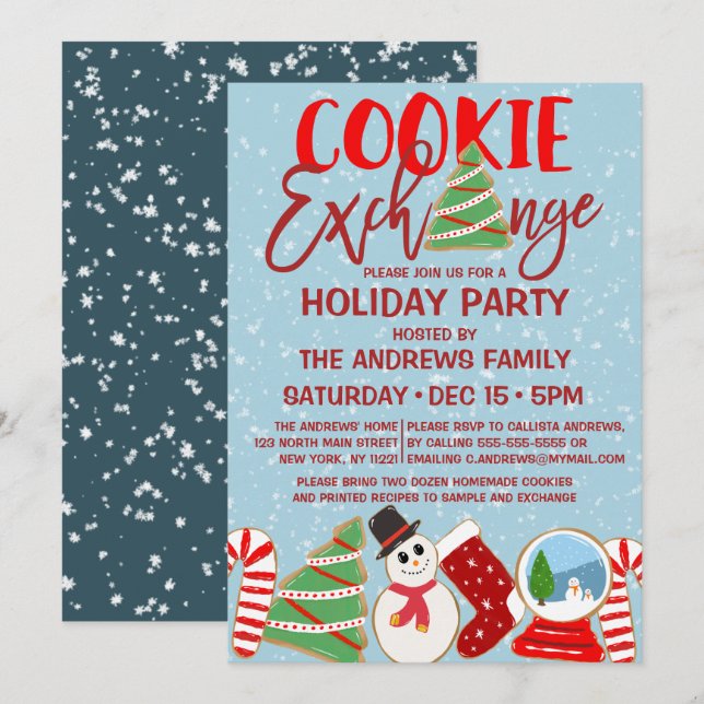 Cookie Exchange Red Blue Illustrations Holiday Invitation (Front/Back)