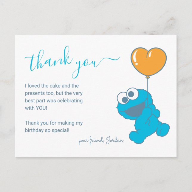 Cookie Monster 1st Birthday Thank You Postcard (Front)