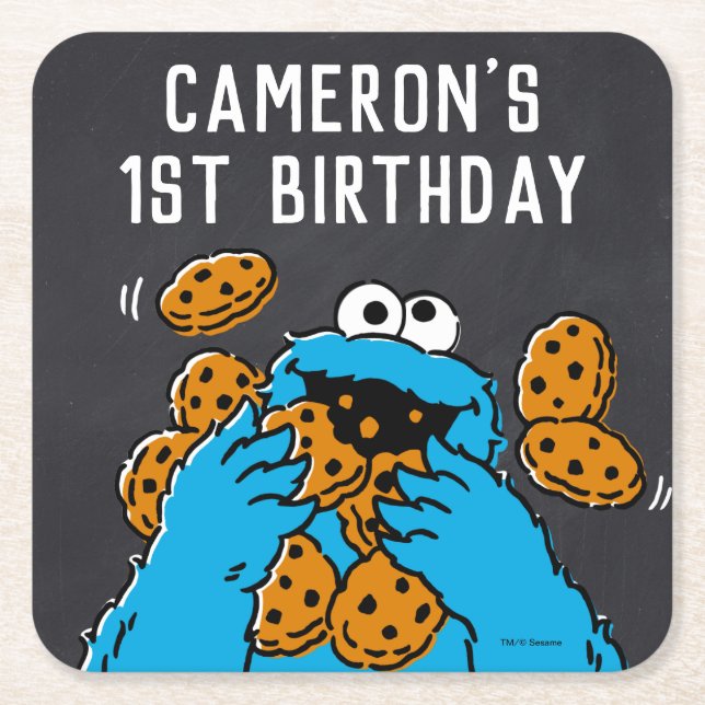 Cookie Monster Birthday Chalkboard Square Paper Coaster (Front)