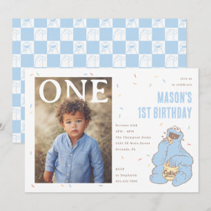 Cookie Monster Blue Confetti First Birthday Invitation