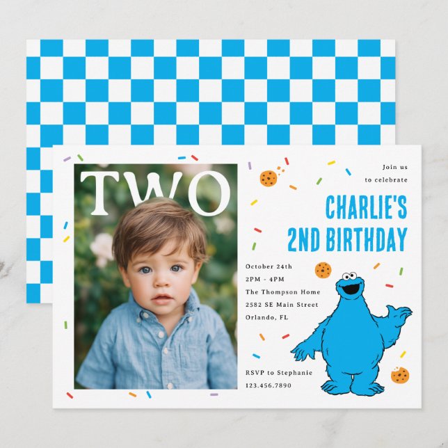 Cookie Monster Blue Confetti Second Birthday Invitation (Front/Back)